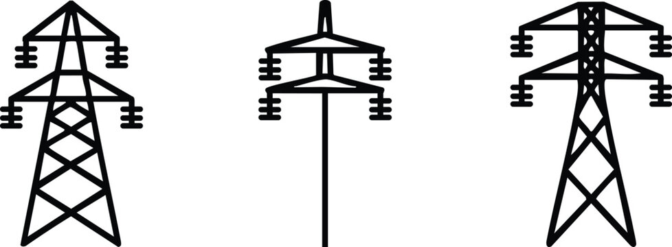 Minimalist High-Voltage Power Line and Electricity Pylon Icon Set, Modern Energy Infrastructure and Utility Distribution Vector Graphics, vector, illustration, silhouette.