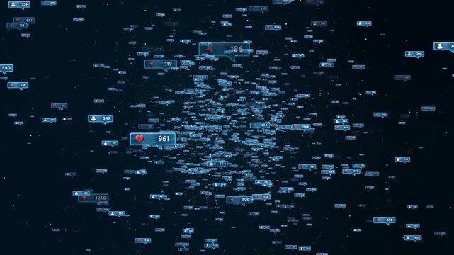 Social Media Notification Sphere Network filled icons. for marketing visuals, app promos, digital communication themes floating counters symbols illustrate engagement, followers online interaction.