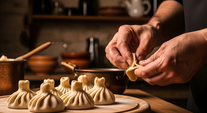 Professional chef carefully pleating raw dough to create meat dumplings