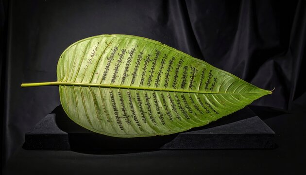 Ancient Palm Leaf Manuscript: Single preserved leaf showcasing intricate historical writing and cultural text