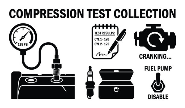 Car engine compression test collection icons set for diagnostic and repair services