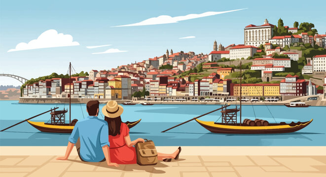 Flat vector illustration of a man and woman couple sitting on a waterfront promenade looking at the Porto city skyline and Douro River with traditional Rabelo boats in Portugal.