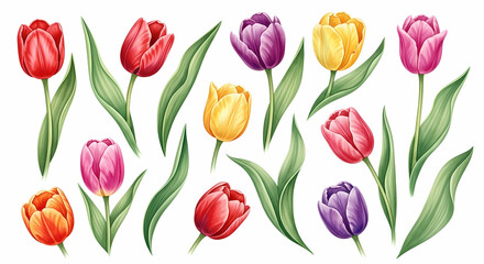 Fototapeta premium Colorful tulip flower collection with green leaves and watercolor strokes