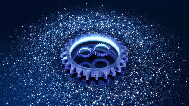 Glittering Gear Starfield cinematic digital background. engineering promos, technology explainers industrial brand metallic cog ring float particles reflective precision mechanics, innovation 3D 4K
