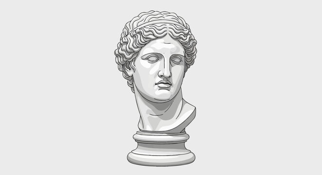 Vector illustration of a classical Greek marble bust of a woman with curly hair and a headband, positioned on a pedestal base, isolated on a light gray background with clean lines.