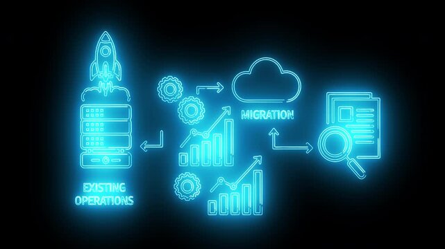 Neon-lit digital illustration of data migration process with glowing blue icons on a black background.