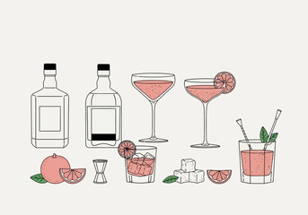 Minimalist Grapefruit Cocktail Illustration Set: Vector Line Art of Gin Bottles, Martini Glasses, Citrus Slices, and Ice for Bar Menu Design and Mixology Graphics. © Elva