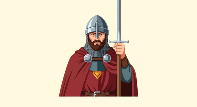 Vector illustration of a bearded medieval warrior wearing a nasal helmet, chainmail coif, and a red cloak with silver brooches, holding a straight longsword vertically on a plain light background.