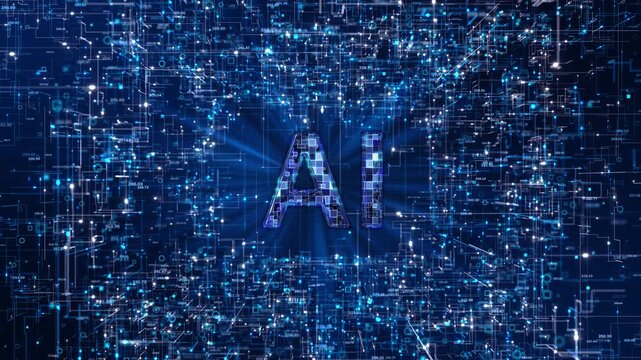 Artificial Intelligence AI Letters Floating Digital Cyberspace Grid complex data network. for machine learning articles, robotics blogs, future technology innovation headers. scientific research