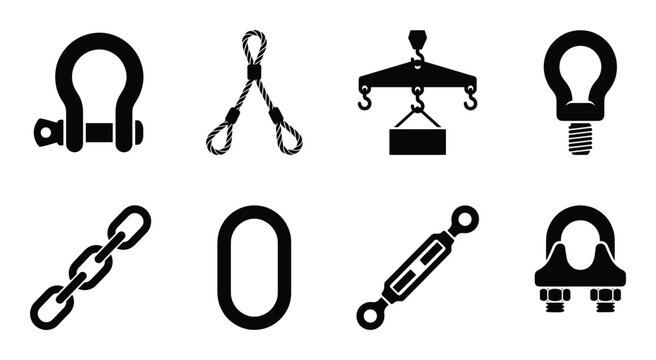 Collection of heavy lifting and rigging equipment metal hardware icons and symbols vector