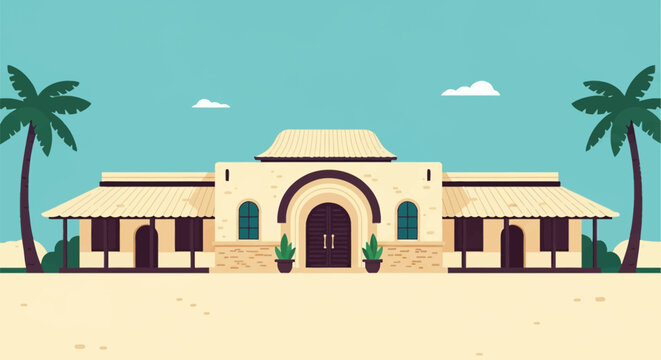 Flat vector illustration of a desert villa or oasis resort featuring symmetrical Middle Eastern architecture, two palm trees, arched windows, and a dark brown door under a blue sky.