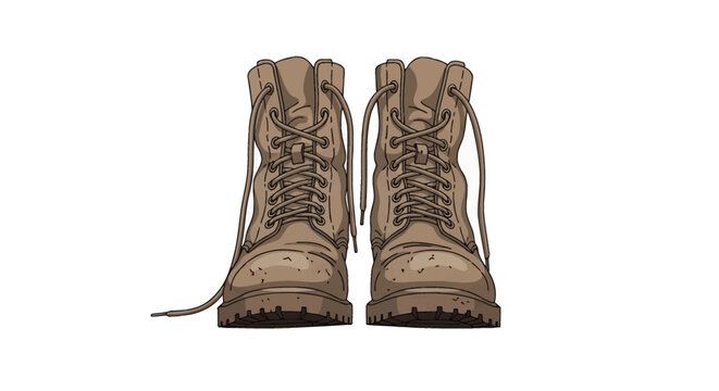 Vector illustration of a pair of worn brown leather combat boots with laces and thick lug soles, front view, isolated on a white background with scuffs and weathered textures.