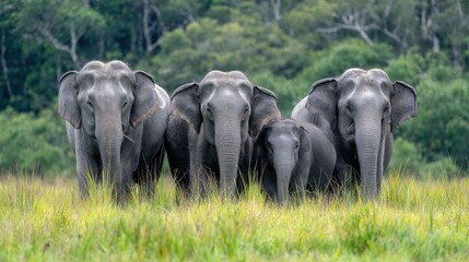 Obraz premium Group of Elephants in Natural Habitat Surrounded by Lush Vegetation