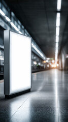 Naklejka premium Empty Advertisement Billboard: A sleek, illuminated advertising billboard stands prominently in a modern subway station, presenting a blank canvas for limitless messaging opportunities.