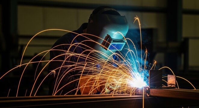 A welder at work, creating a shower of bright sparks, captured with a slow shutter speed to turn the sparks into long, dramatic light trails against a dark workshop.