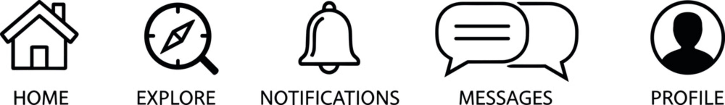 User interface navigation outline icon set with home, explore, notifications, messages, and profile symbols for mobile applications