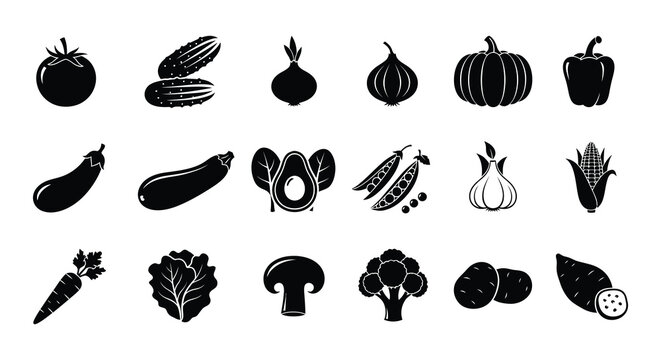 Collection of various black silhouette vegetables and produce icons