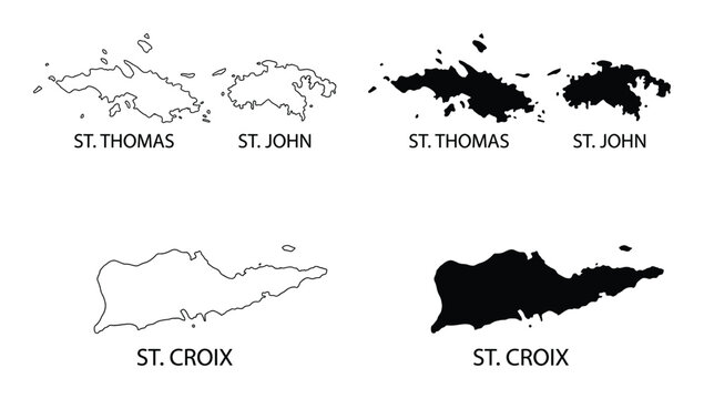 St. Thomas, St. John, St. Croix maps, U.S. Virgin Islands outline and filled shape for geography and travel