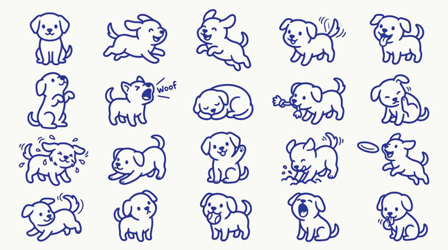 A charming collection of 20 hand-drawn doodle illustrations featuring playful puppies in various adorable poses and actions, rendered in a simple blue line art style on a textured white background.