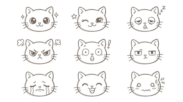 A collection of nine hand-drawn cartoon cat faces, each displaying a different emotion or expression, presented in a grid format.