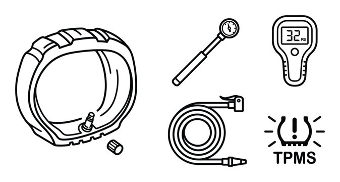 Tire pressure monitoring system icons with digital gauge pump hose and car wheel on transparent grid
