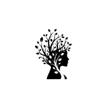 Conceptual illustration of a woman's mind as a growing tree, symbolizing nature and wisdom