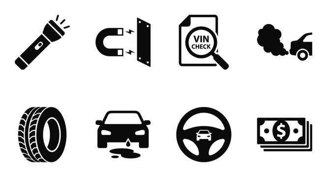 Used car buying inspection glyph icons including flashlight vin check magnet and tire tread analysis