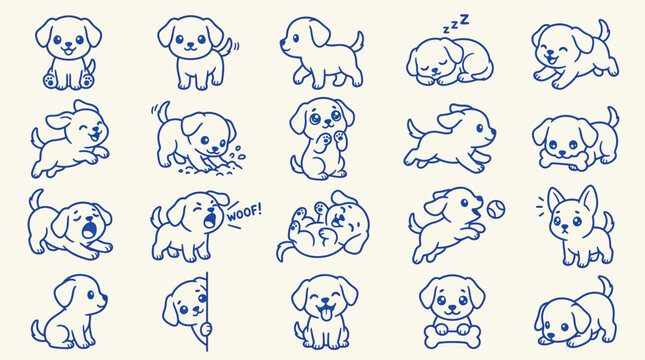 A charming collection of 20 adorable hand-drawn cartoon puppies in various playful poses and expressions, rendered in a simple blue outline style on a textured cream background.