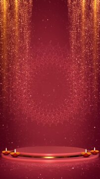 Luxurious Indian Festival Stage Background Ornamental style glowing oil lamps, shimmer decorative mandala artwork rich backdrop. festive greetings, cultural spiritual celebration promos holiday titles