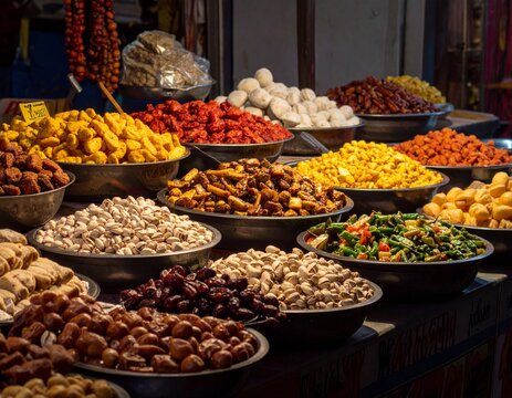 Assorted nuts and dried fruits in a traditional market