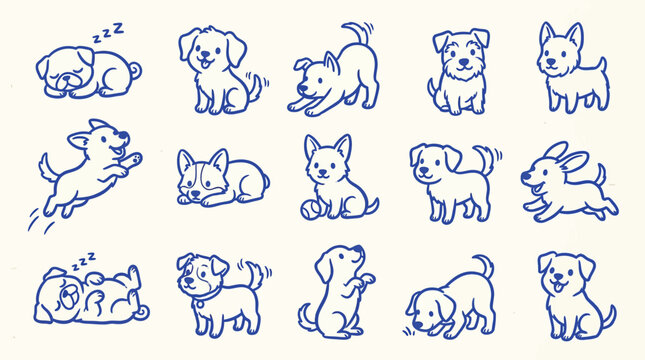 A charming collection of hand-drawn doodle illustrations featuring various adorable puppies in different playful and sleepy poses, rendered in a simple blue line art style on a cream background.