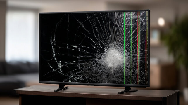 Cracked Screen on Modern TV: A close-up view of a modern television with a shattered screen, revealing a network of cracks that suggest damage and malfunction.