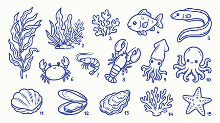 Naklejka premium A charming collection of hand-drawn blue line art illustrations depicting various marine life and underwater flora, including seaweed, coral, fish, crustaceans, mollusks, and echinoderms.