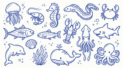 Obraz premium A charming collection of hand-drawn blue line art illustrations depicting various marine animals and sea life in a whimsical style.