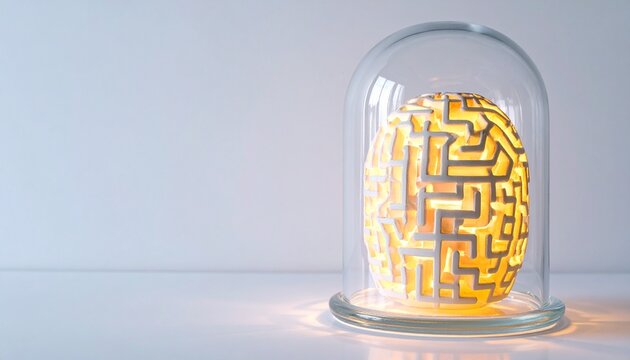 Conceptual Brain Model with Glowing Maze Inside Glass Dome