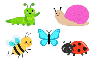 Obraz premium A set of insects in a flat cartoon style. Vector butterfly, caterpillar, snail, ladybug, and bee, for educational use and children's textiles.