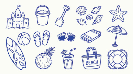 A charming collection of hand-drawn blue line illustrations depicting various beach and summer vacation essentials, perfect for design projects. © zainab