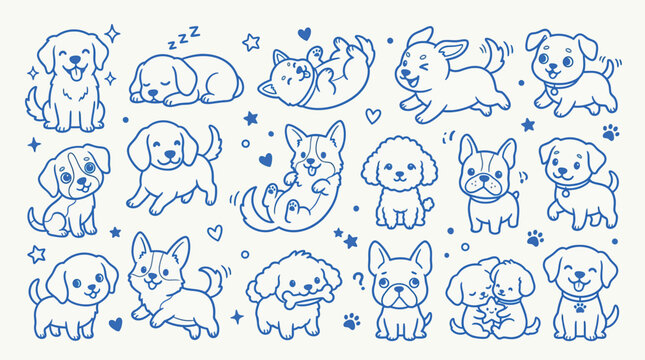 A charming collection of adorable hand-drawn puppies in various playful poses, rendered in a simple blue outline style on a white background, perfect for cute and whimsical designs.