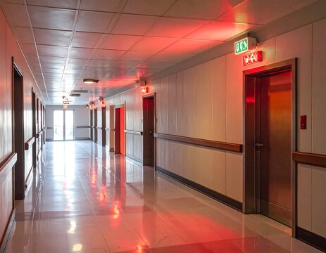 Long corridor with doors, handrails, emergency exit signs, and ambient red lighting, reflecting off shiny floor