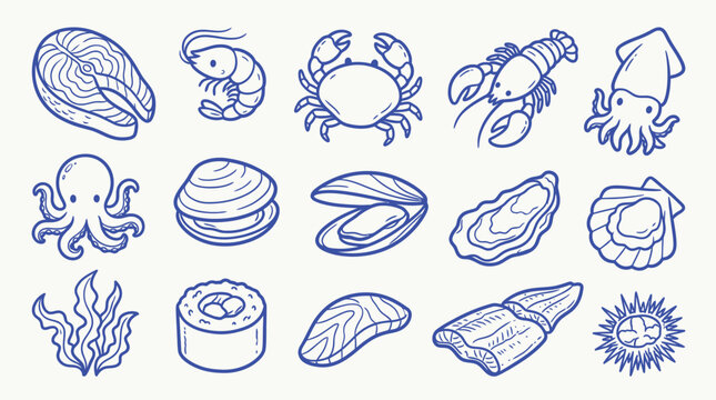 A collection of hand-drawn illustrations of various seafood items, including fish, shellfish, and other marine delicacies, presented in a clean, blue-lined style on a white background.