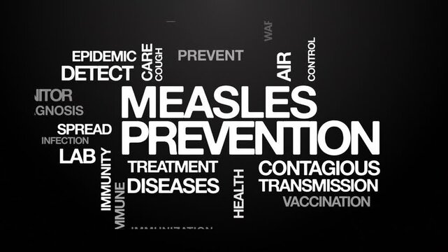Measles prevention concept Animated Tag Word Cloud kinetic typography, Text Design Animation typography seamless loop video motion graphics Intro Wordart white type on black background bg backdrop ca