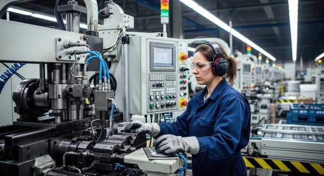 Focused female engineer operating advanced CNC machinery on busy factory floor, ensuring precision manufacturing and production safety

