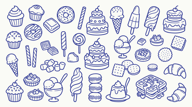 A delightful collection of hand-drawn illustrations featuring a wide variety of sweet treats and desserts, perfect for culinary themes.