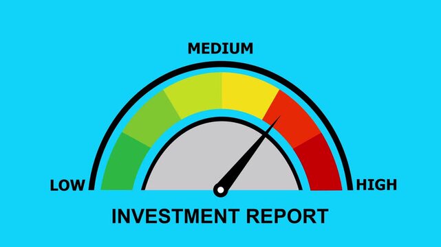 A video showcasing a medium investment report gauge with a needle pointing to a moderate level of risk on a blue background