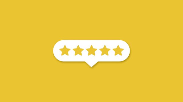 Animated 5-star rating chat bubble on yellow background, stars filling one by one.  perfect for customer review, testimonial, product rating and social media promos