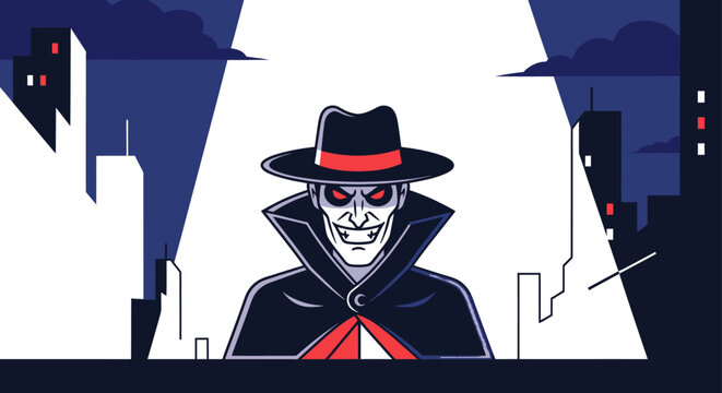 Cartoon skeleton in black coat.