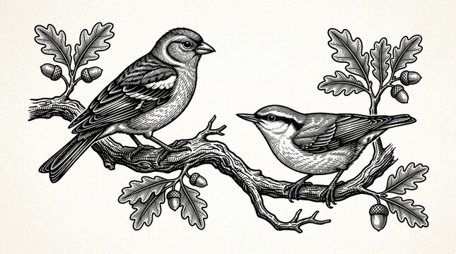 Vintage woodcut illustration of two finches perched on oak tree branch with acorns.