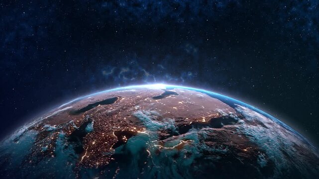 Sun Above Planet Earth. Sunrise over earth as seen from space. stars background. 3d animation 4k space of the night planet Earth lights world's evening cities. Globe rotation day to night skyline.