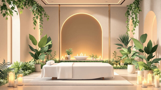 Luxury spa alcove, arch lighting, vines, candles. Premium wellness sanctuary, framed niche, lush foliage. Elegant retreat interior, warm glow, balanced greenery