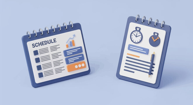 3D rendering of a blue spiral schedule notebook with bar charts and checklists next to a clipboard with a clock icon and pen, representing business organization and productivity.